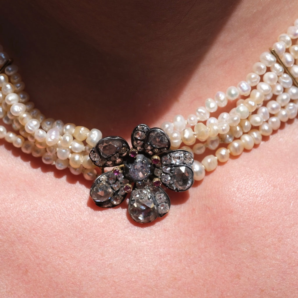 Victorian Natural Pearl Five-Strand Necklace with 4.5ct Old-Cut Diamond Flower Clasp