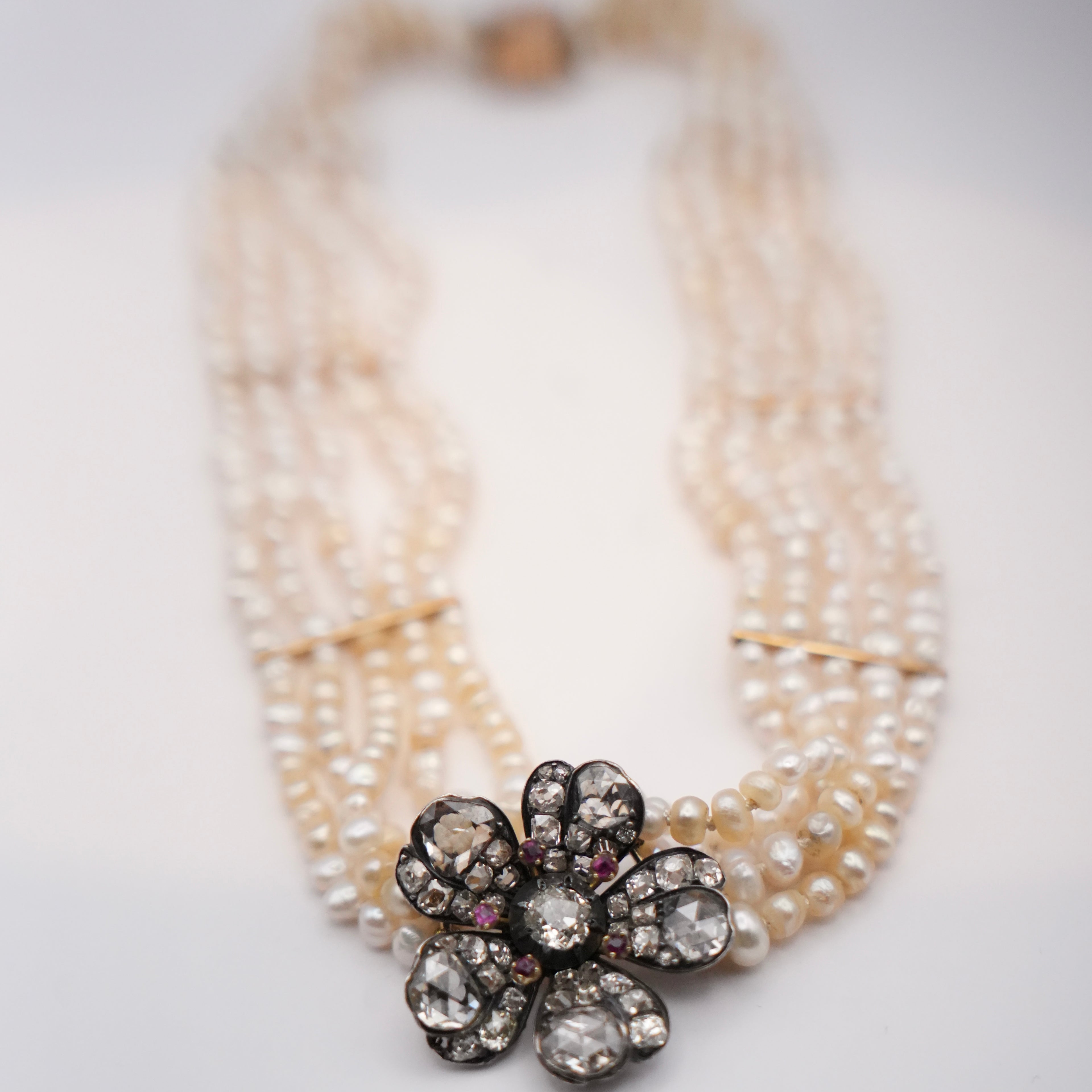 Victorian Natural Pearl Five-Strand Necklace with 4.5ct Old-Cut Diamond Flower Clasp