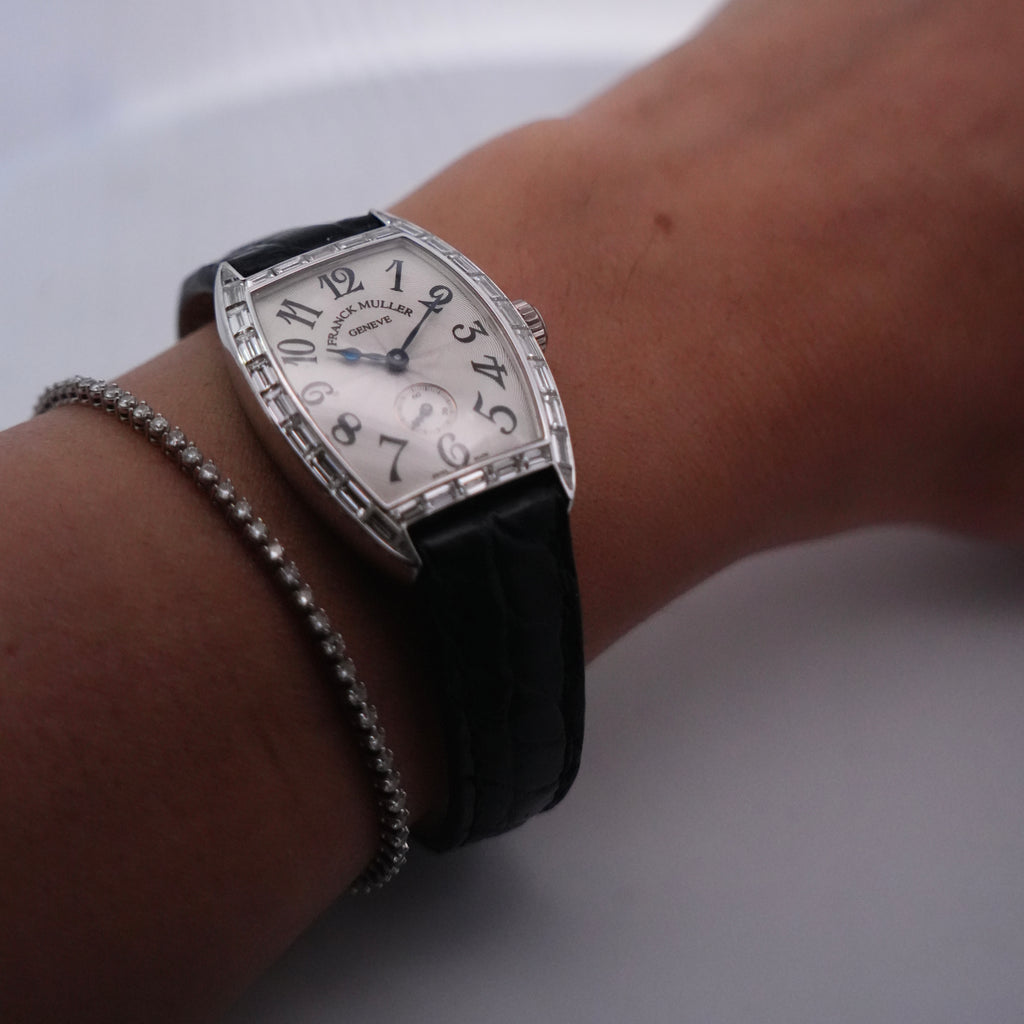 Franck Muller Cintrée Curvex 7501 S6 BAG CD 18k White Gold Baguette Diamond Watch