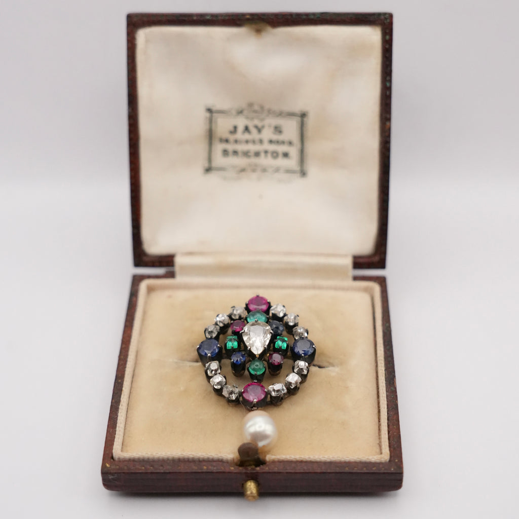 Victorian Gem-Set Diamond Pendant Brooch Drop Pearl