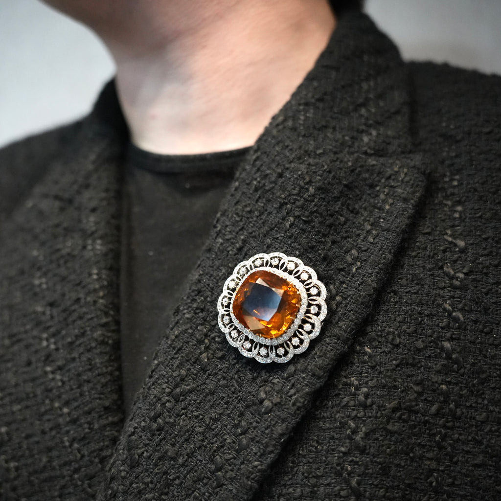Edwardian Madeira Citrine & Diamond Platinum Pendant Brooch