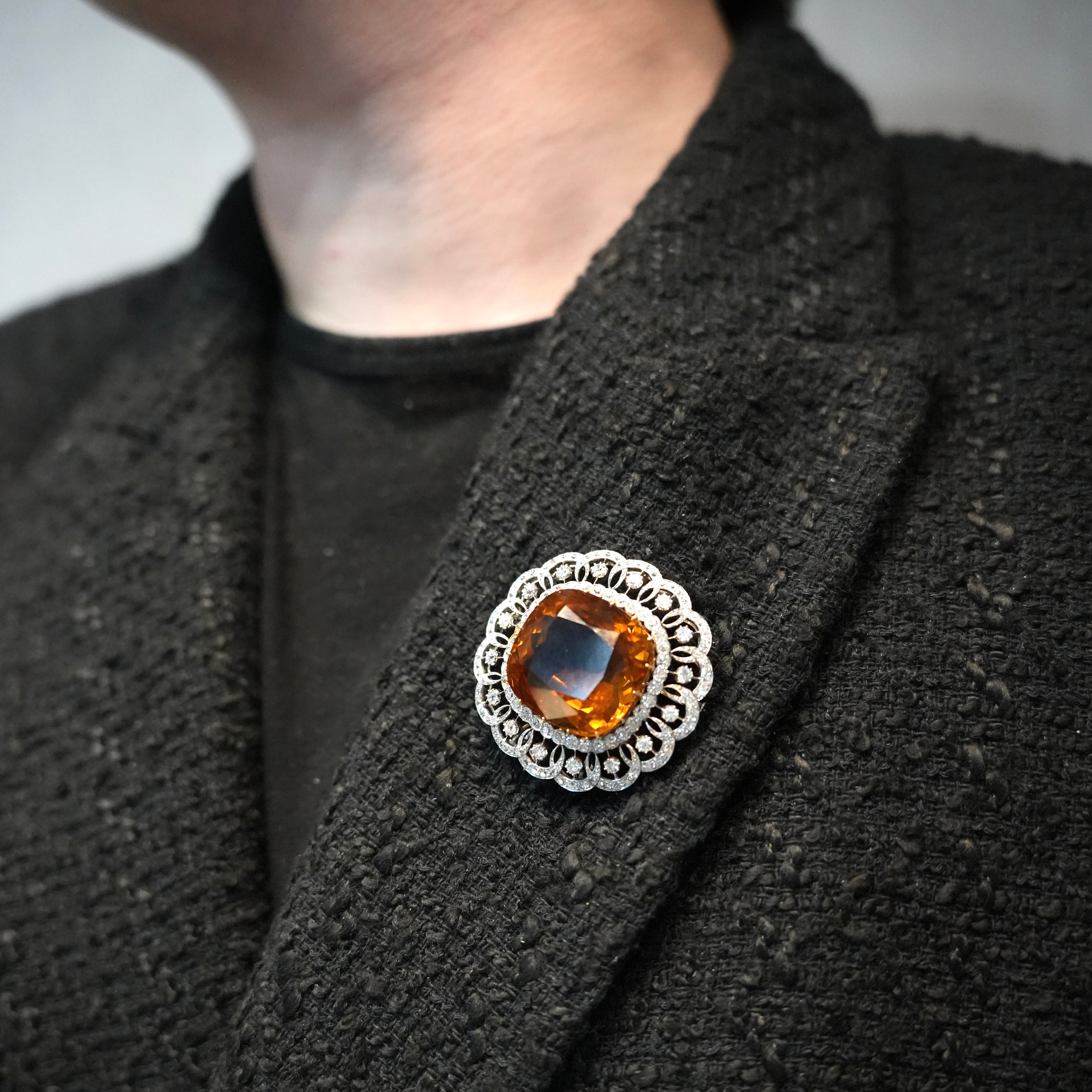 Edwardian Madeira Citrine & Diamond Platinum Pendant Brooch