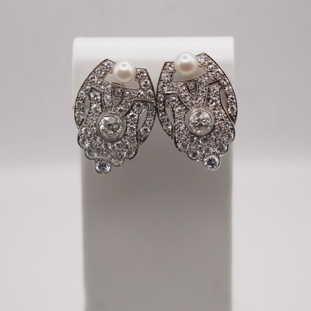 Art Deco Platinum, Diamond & Cultured Pearl Earrings