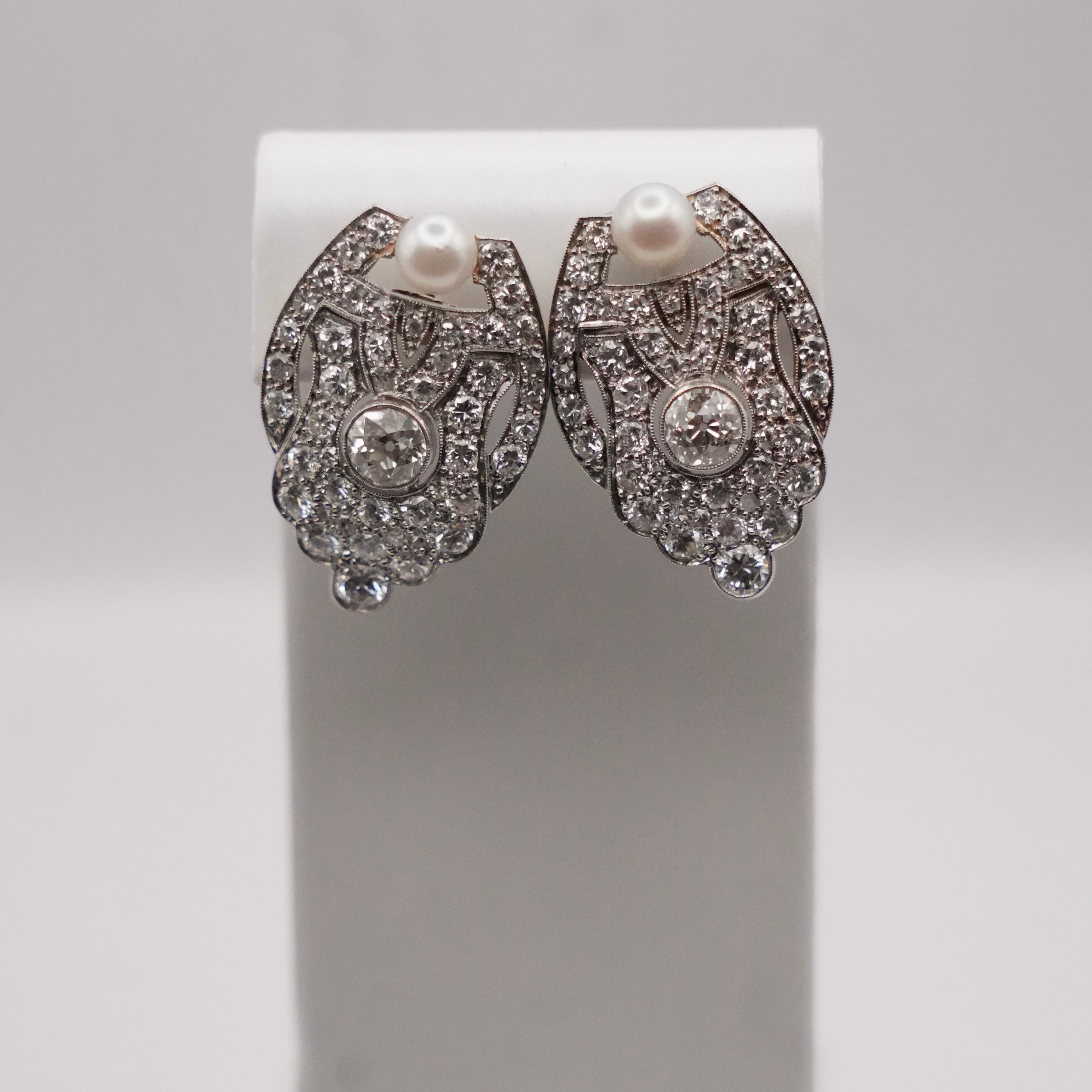 Art Deco Platinum, Diamond & Cultured Pearl Earrings