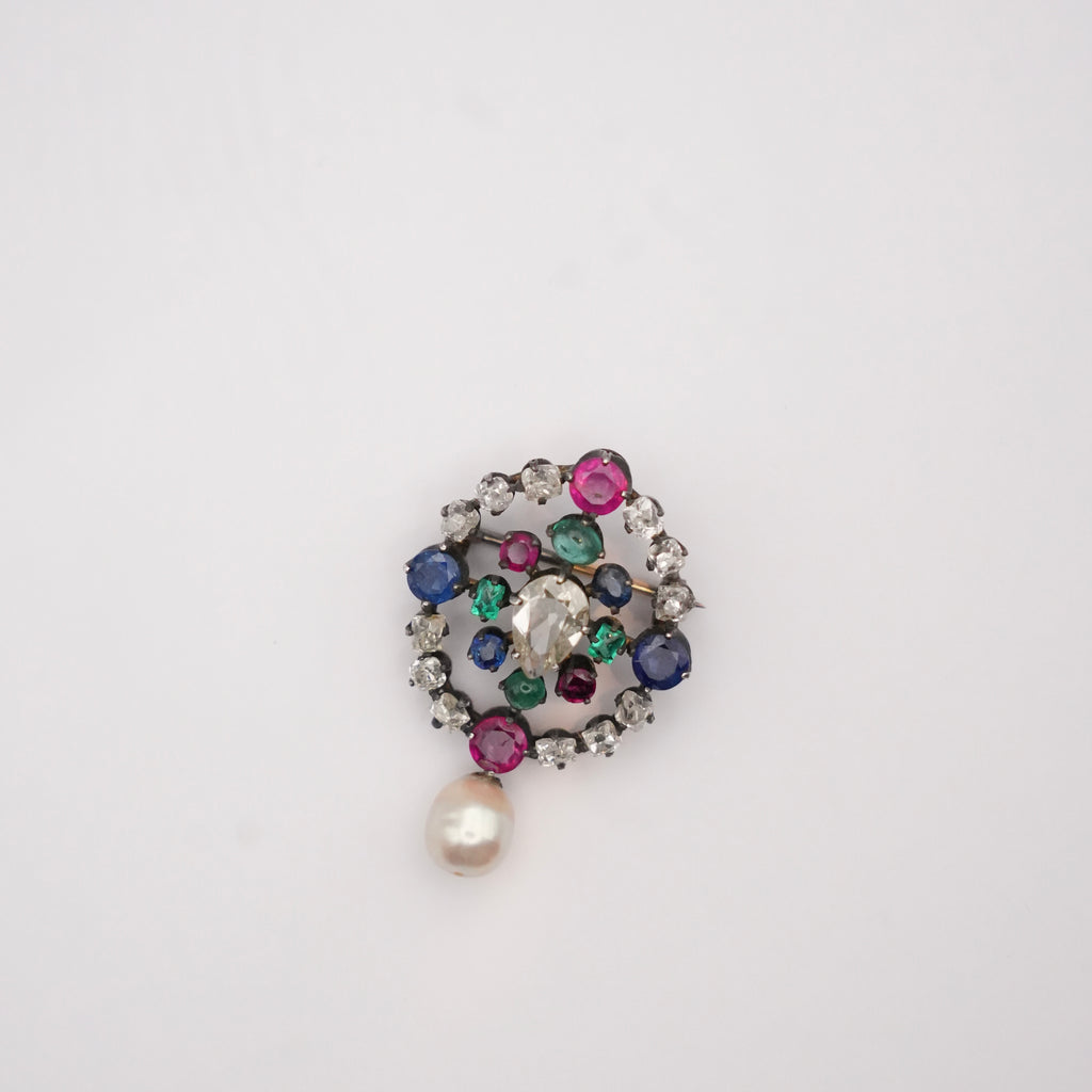 Victorian Gem-Set Diamond Pendant Brooch Drop Pearl