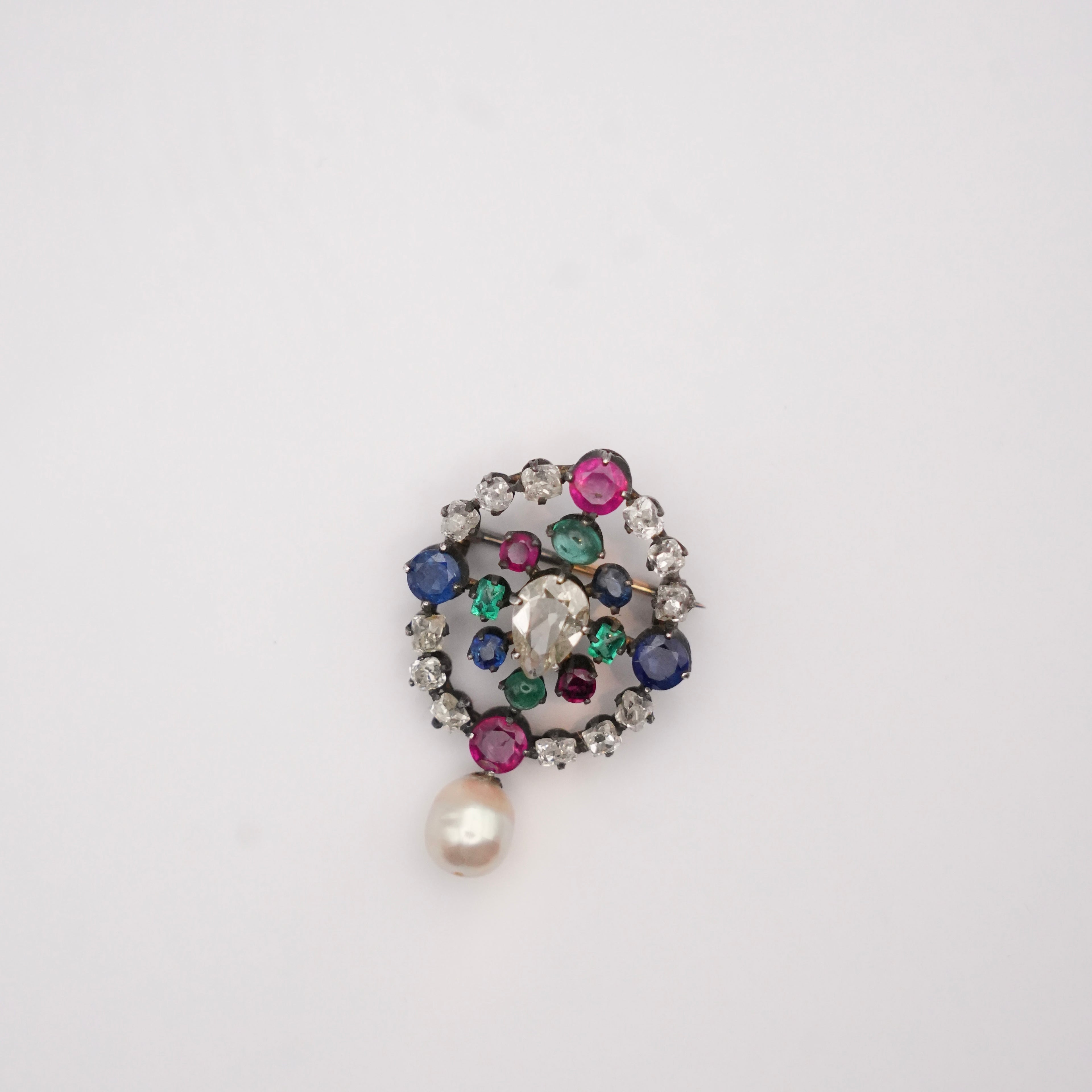Victorian Gem-Set Diamond Pendant Brooch Drop Pearl