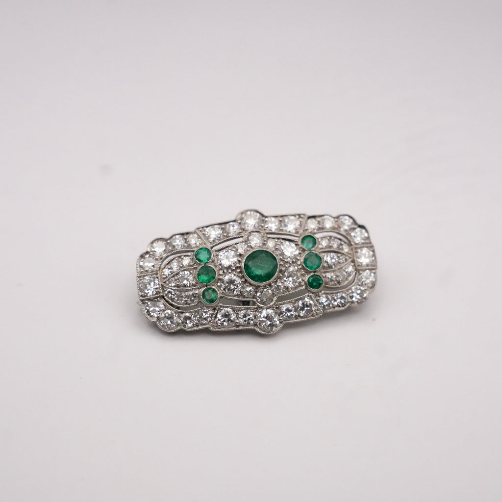 Art Deco Colombian Emerald & Old European Cut Diamond Platinum Brooch