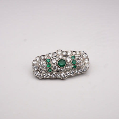 Art Deco Colombian Emerald & Old European Cut Diamond Platinum Brooch