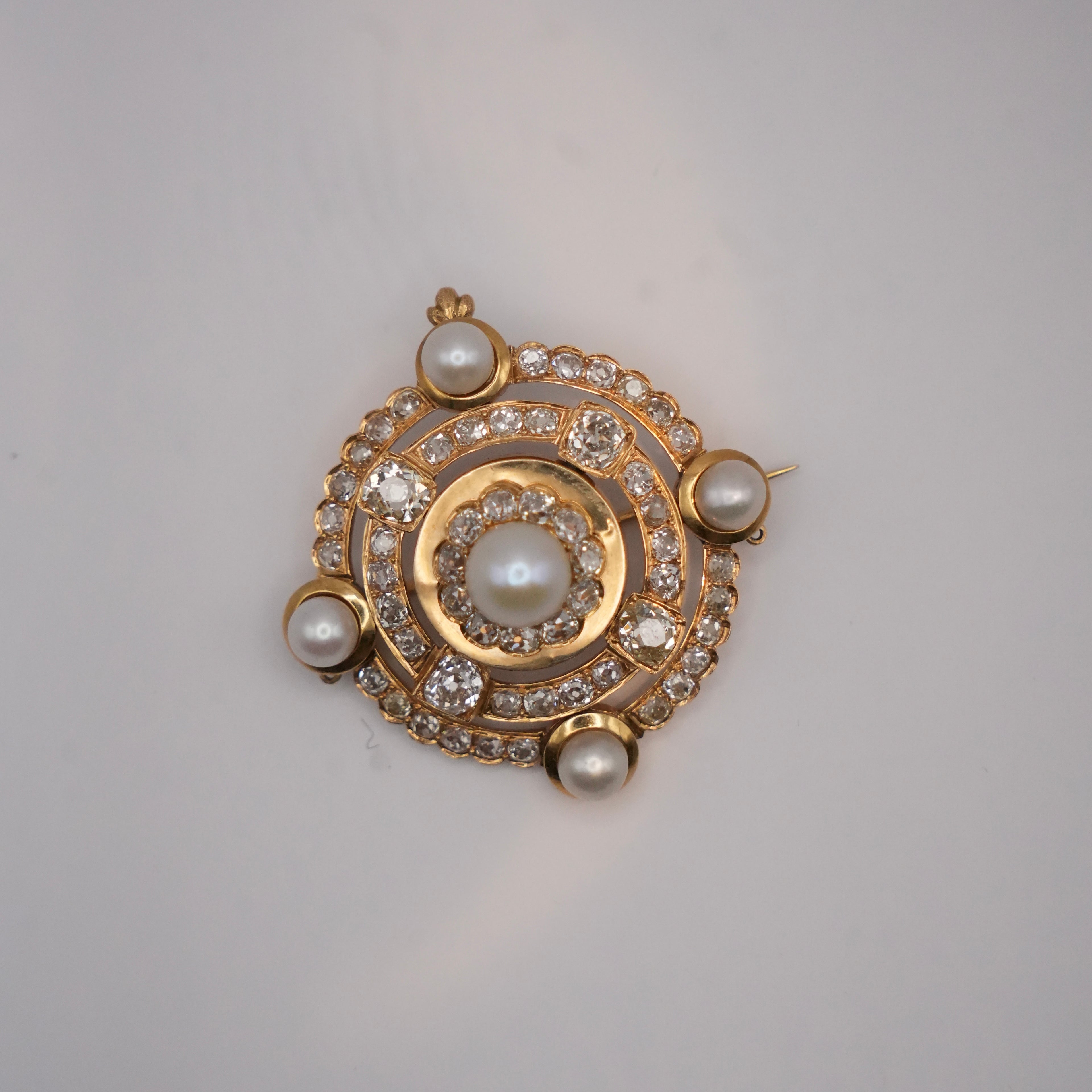 Victorian Natural Pearl & Diamond Brooch, Circa 1880