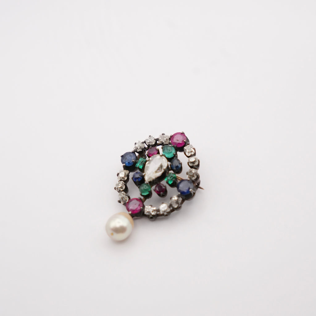 Victorian Gem-Set Diamond Pendant Brooch Drop Pearl