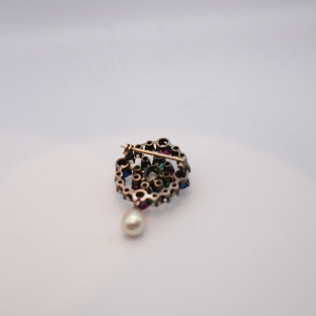 Victorian Gem-Set Diamond Pendant Brooch Drop Pearl