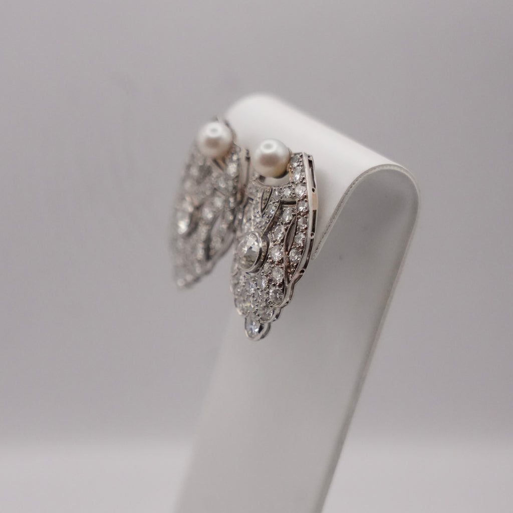 Art Deco Platinum, Diamond & Cultured Pearl Earrings