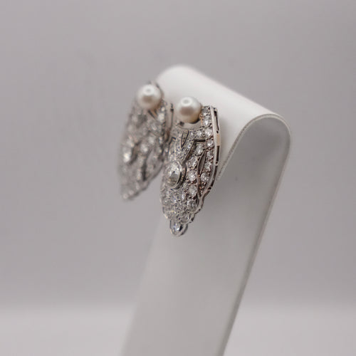 Art Deco Platinum, Diamond & Cultured Pearl Earrings