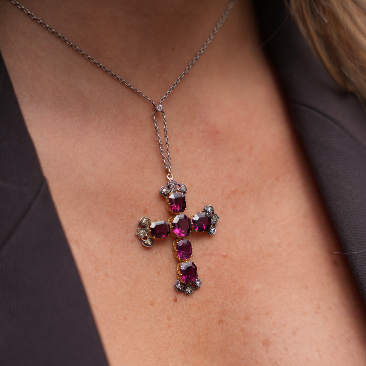 Rhodolite Garnet & Diamond Cross Pendant