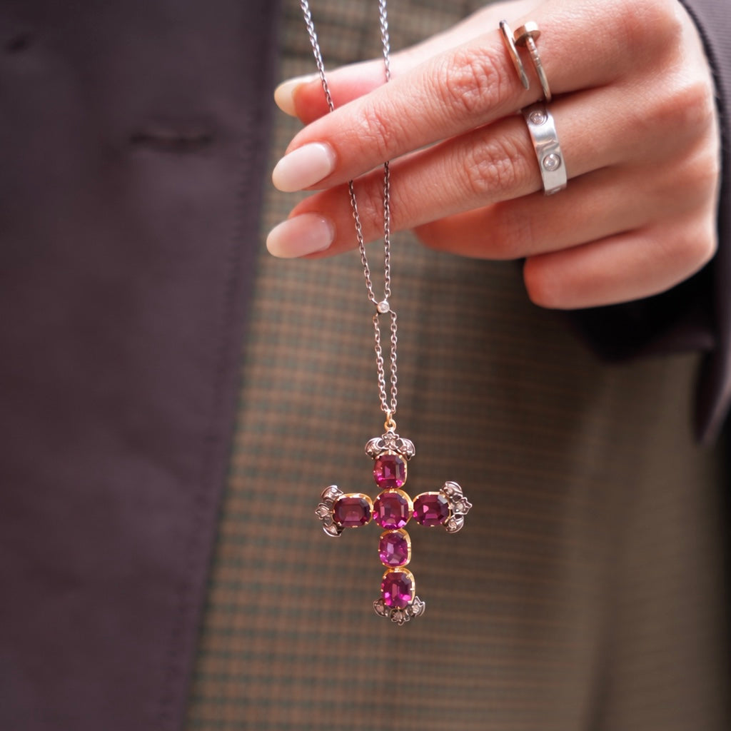 Rhodolite Garnet & Diamond Cross Pendant