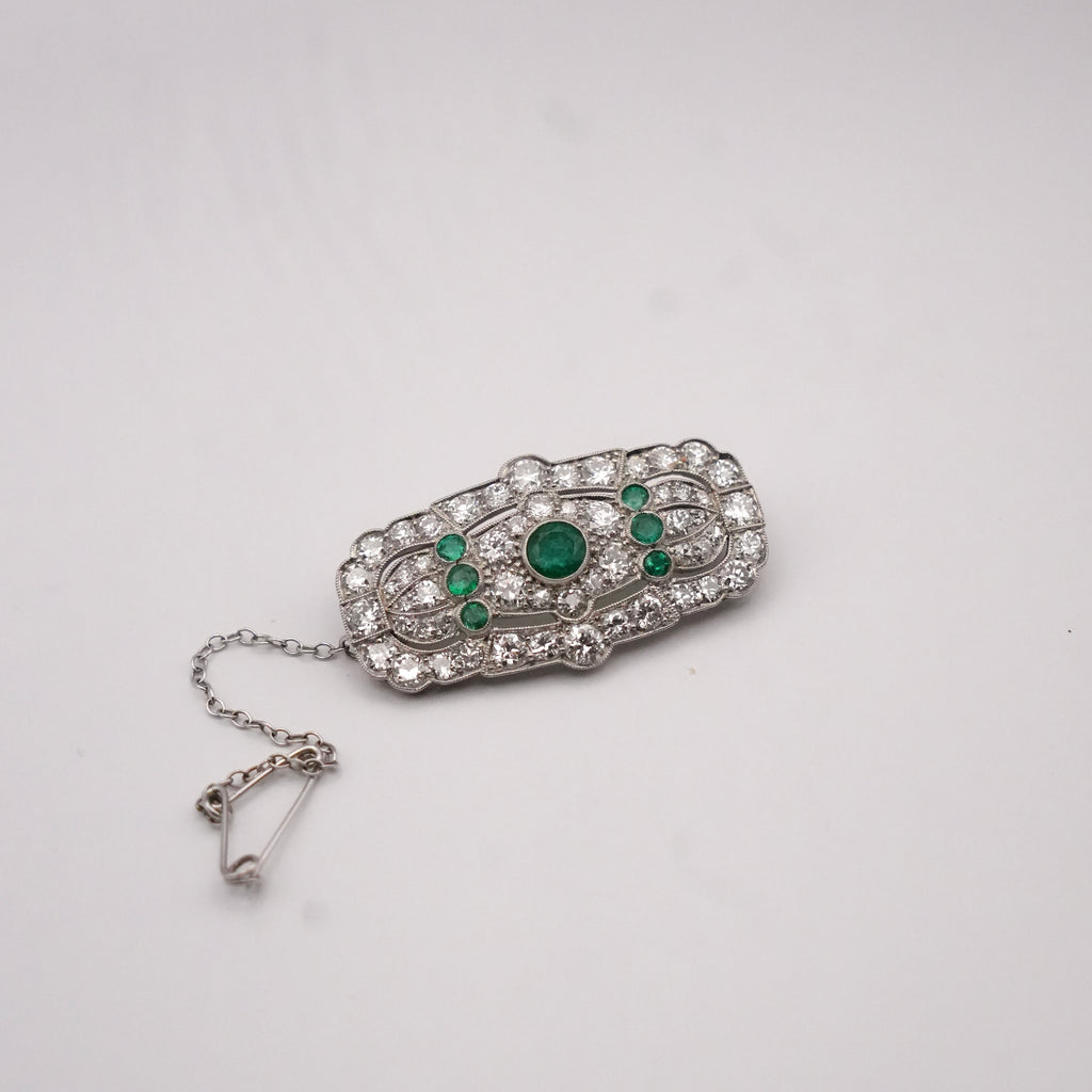 Art Deco Colombian Emerald & Old European Cut Diamond Platinum Brooch