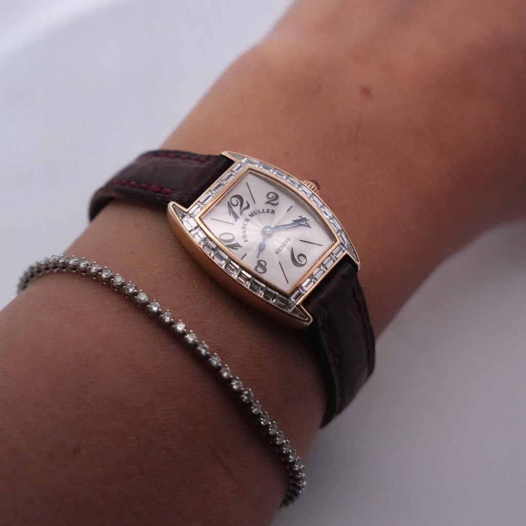 Franck Muller Cintrée Curvex 2500 QZ BG 18k Gold Baguette Diamond Watch
