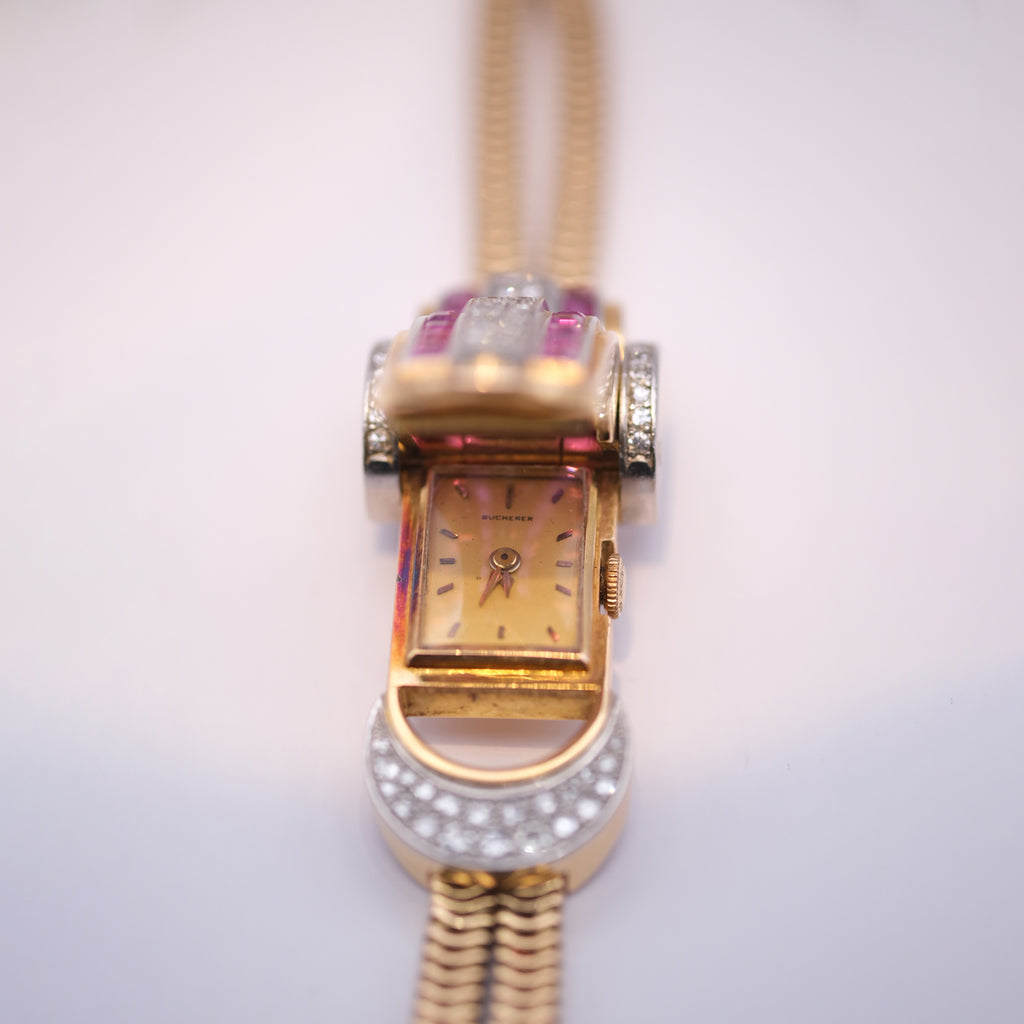 Bucherer Ruby & Diamond Secret Watch Bracelet, Circa 1960s