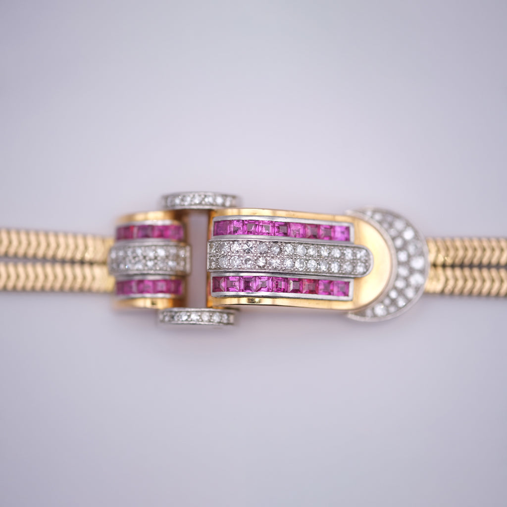Bucherer Ruby & Diamond Secret Watch Bracelet, Circa 1960s