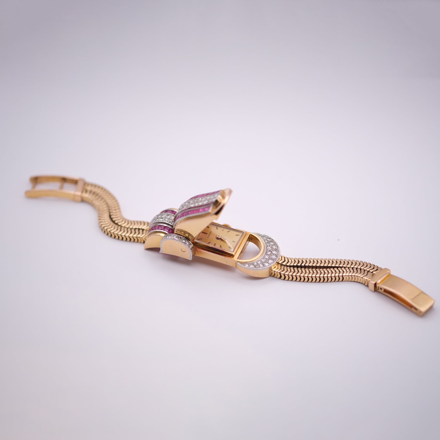 Bucherer Ruby & Diamond Secret Watch Bracelet, Circa 1960s