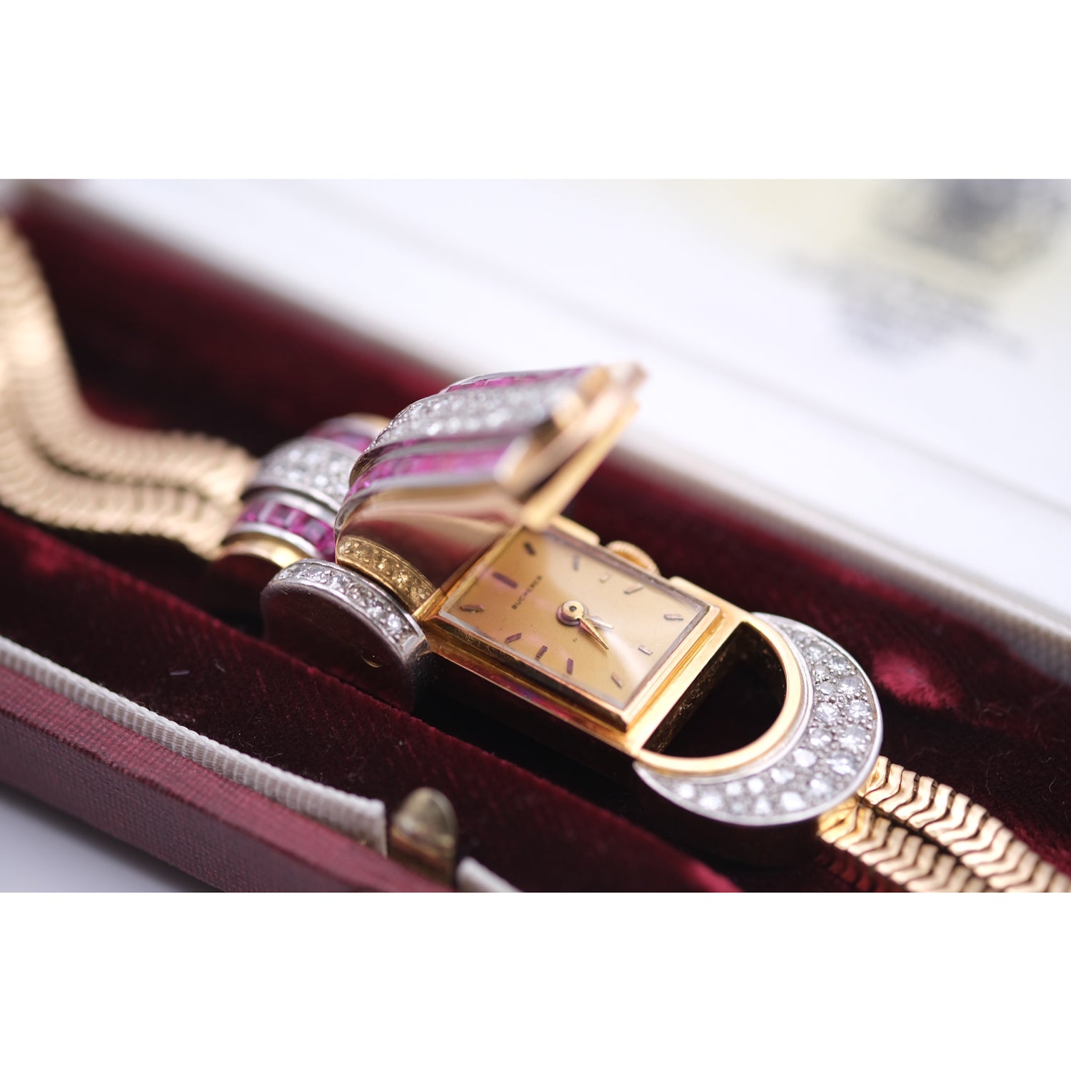 Bucherer Ruby & Diamond Secret Watch Bracelet, Circa 1960s