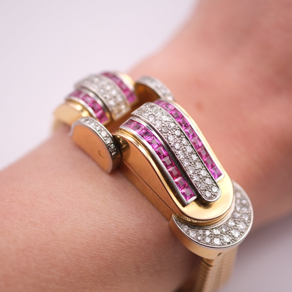 Bucherer Ruby & Diamond Secret Watch Bracelet, Circa 1960s