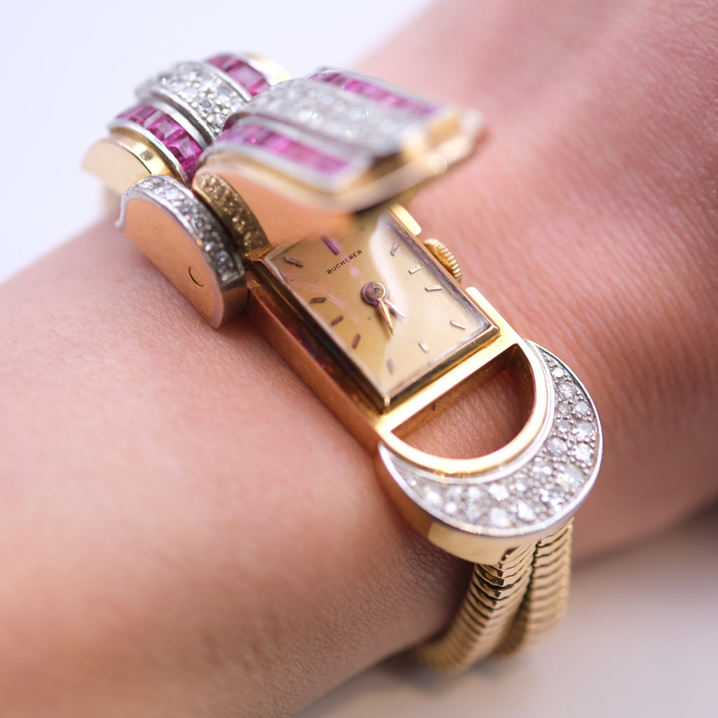 Bucherer Ruby & Diamond Secret Watch Bracelet, Circa 1960s
