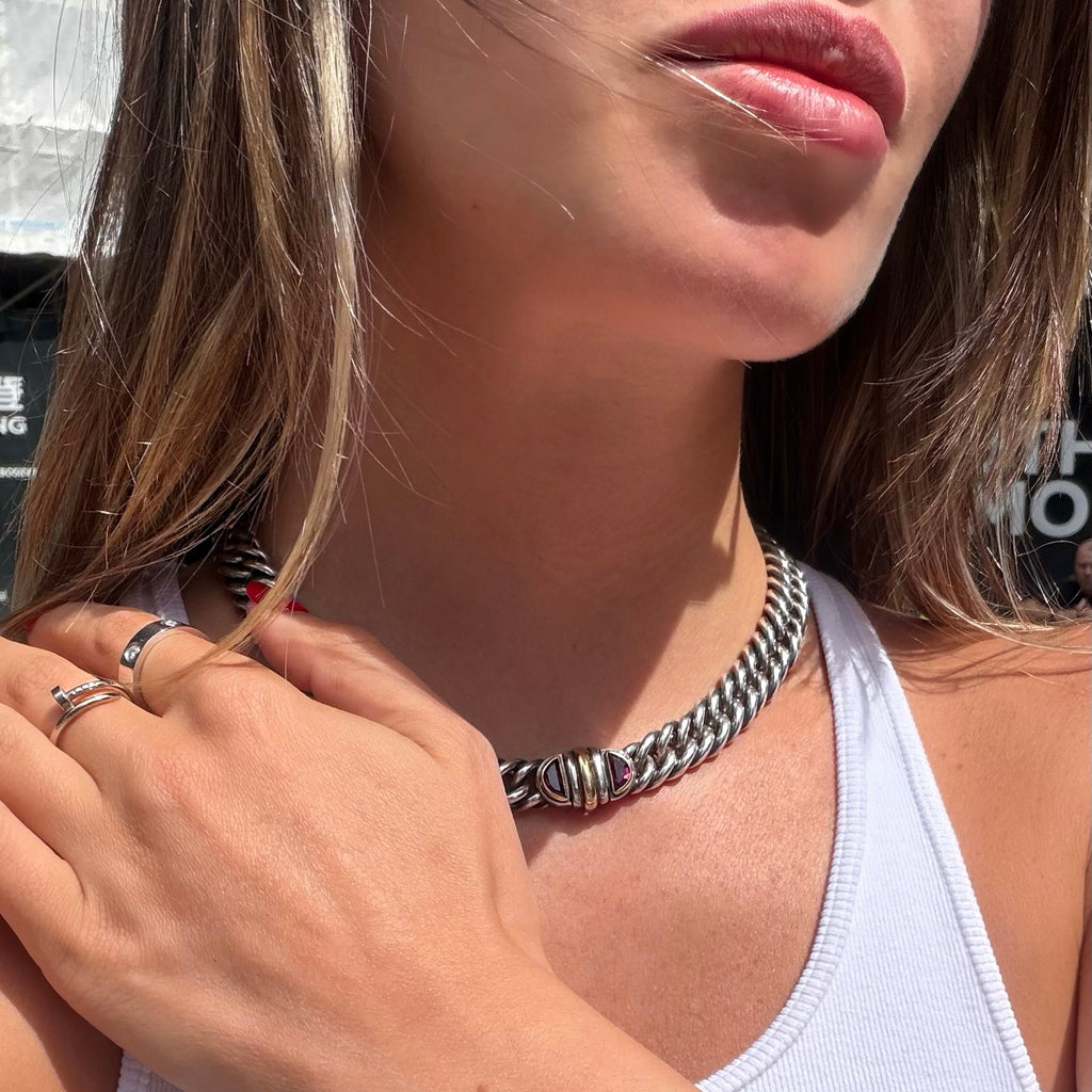 Christofle Sterling Silver, Red Garnet Chain Necklace