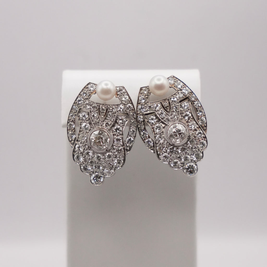 Art Deco Platinum, Diamond & Cultured Pearl Earrings