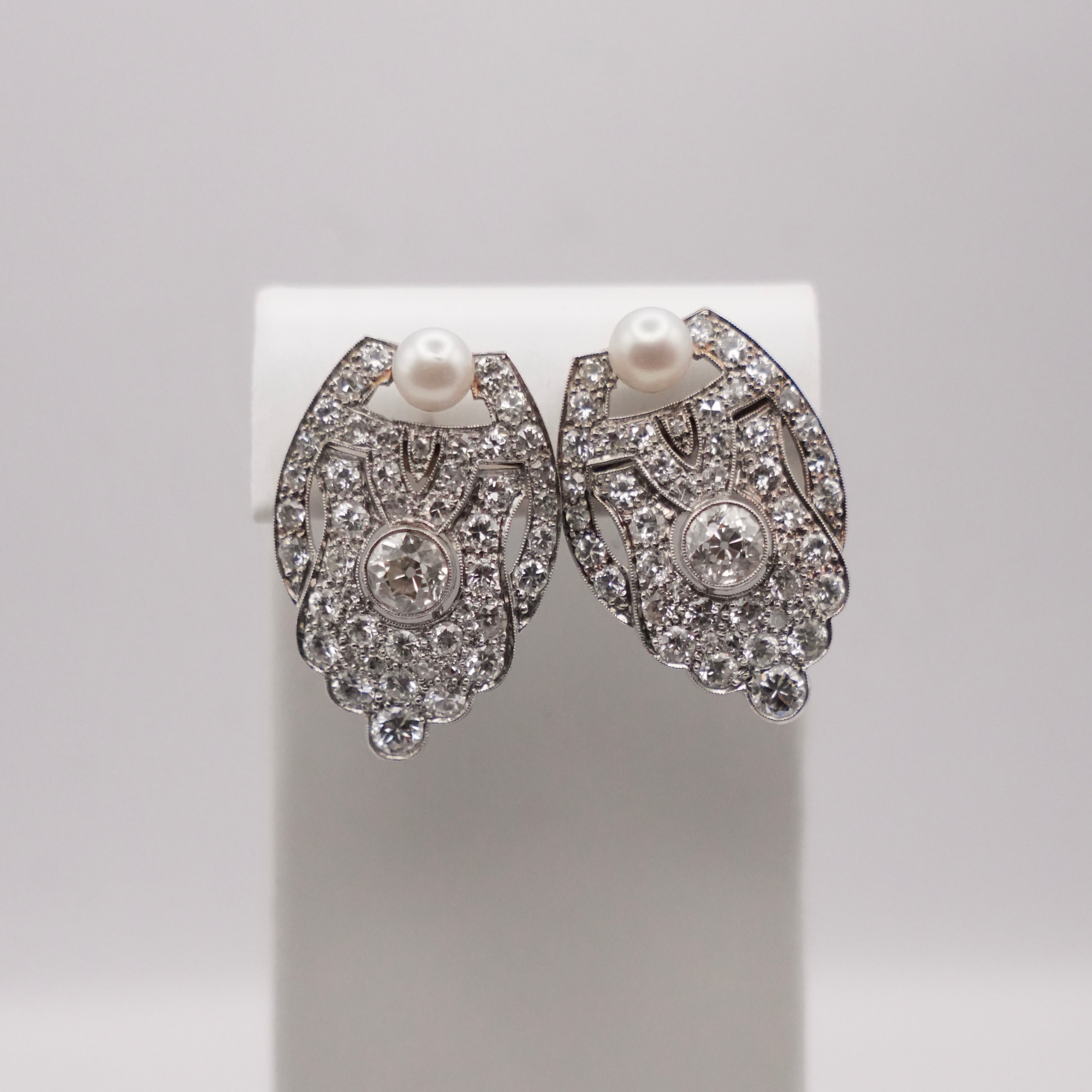 Art Deco Platinum, Diamond & Cultured Pearl Earrings