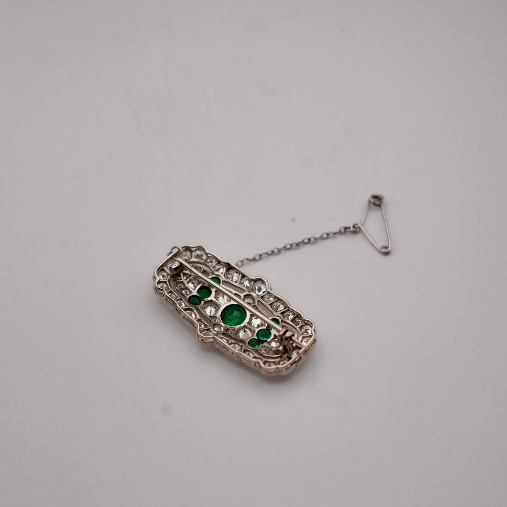Art Deco Colombian Emerald & Old European Cut Diamond Platinum Brooch