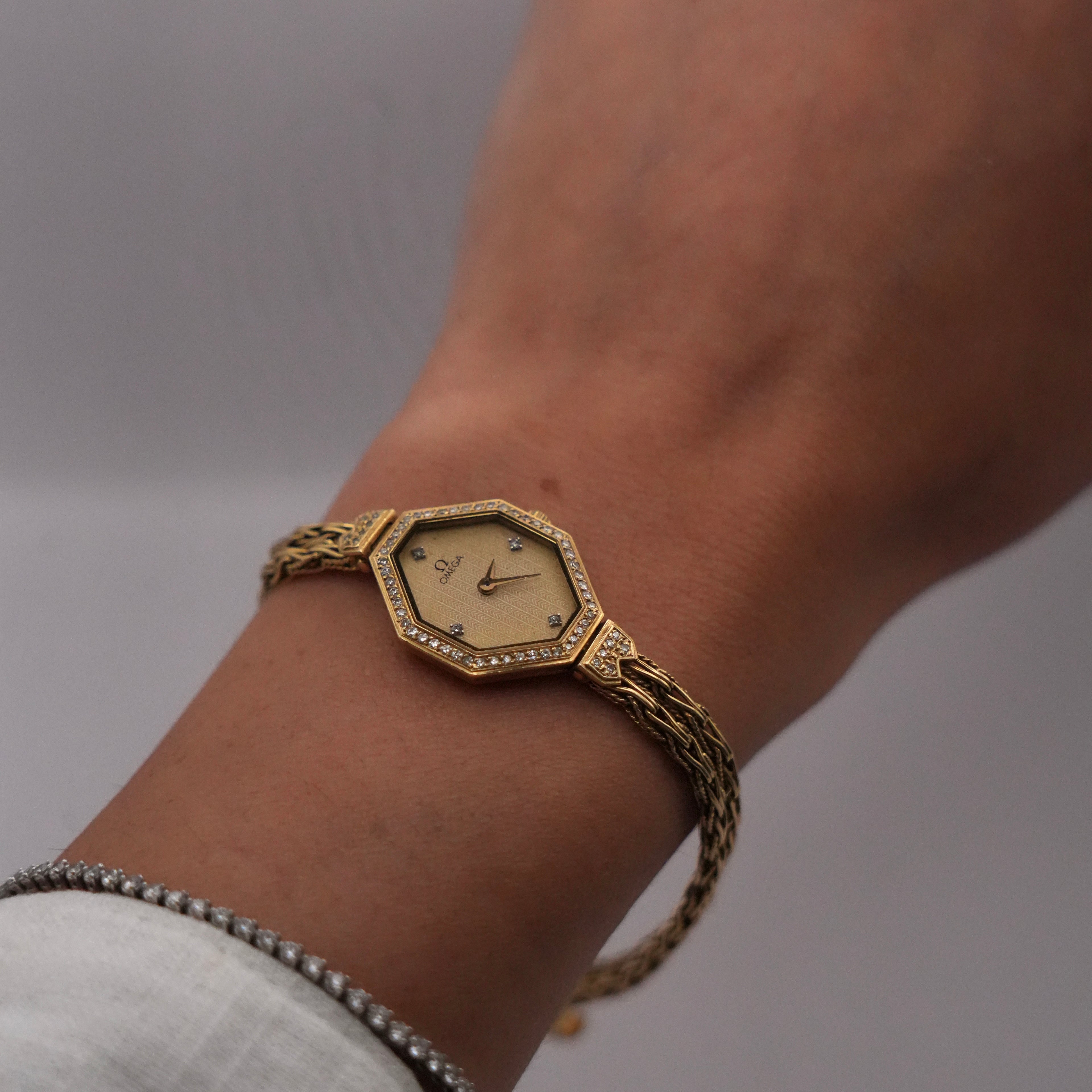Vintage Omega 18ct Yellow Gold & Diamond Cocktail Bracelet Watch, 1980s
