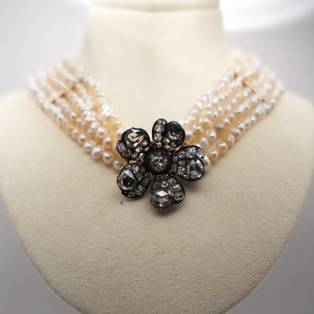 Victorian Natural Pearl Five-Strand Necklace with 4.5ct Old-Cut Diamond Flower Clasp