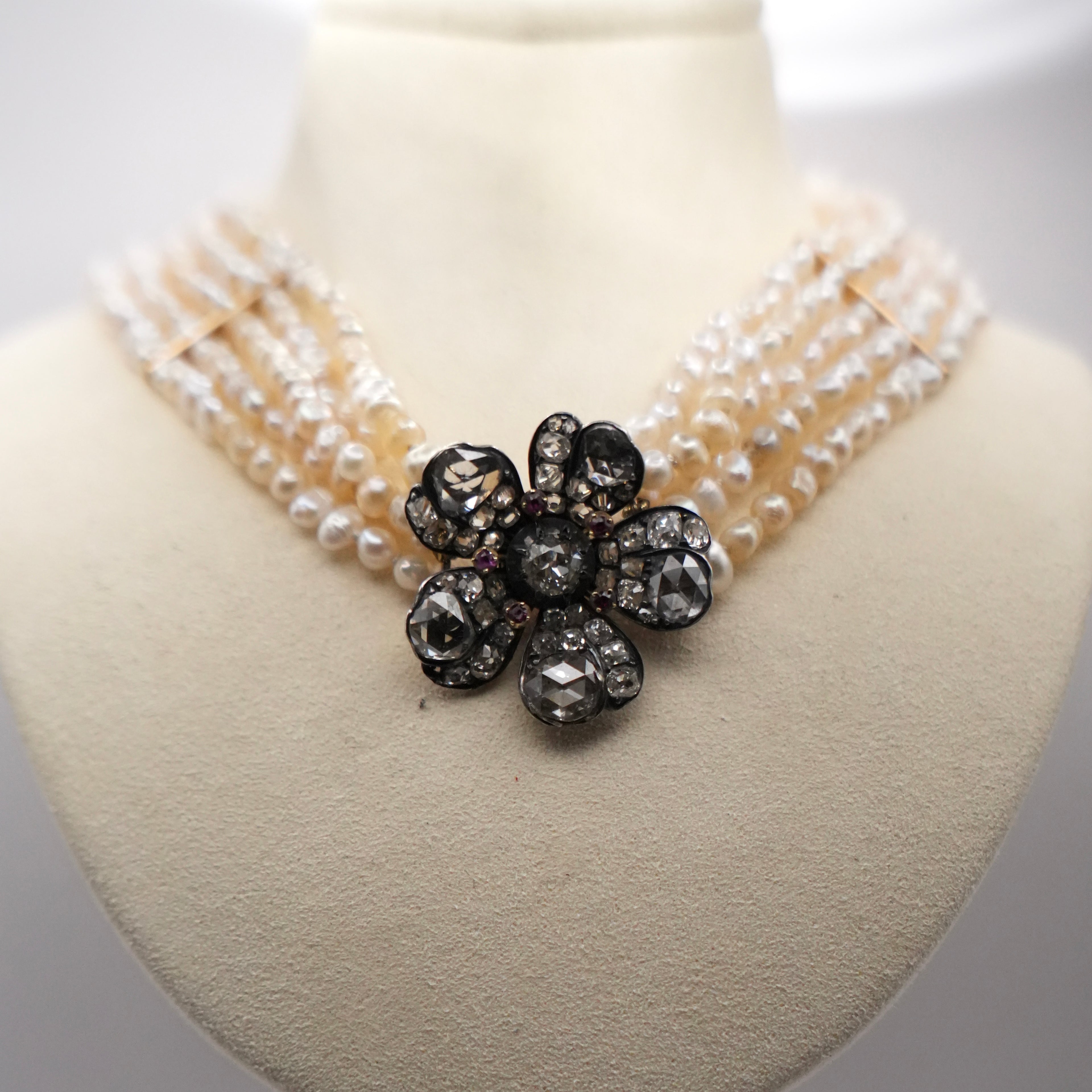 Victorian Natural Pearl Five-Strand Necklace with 4.5ct Old-Cut Diamond Flower Clasp