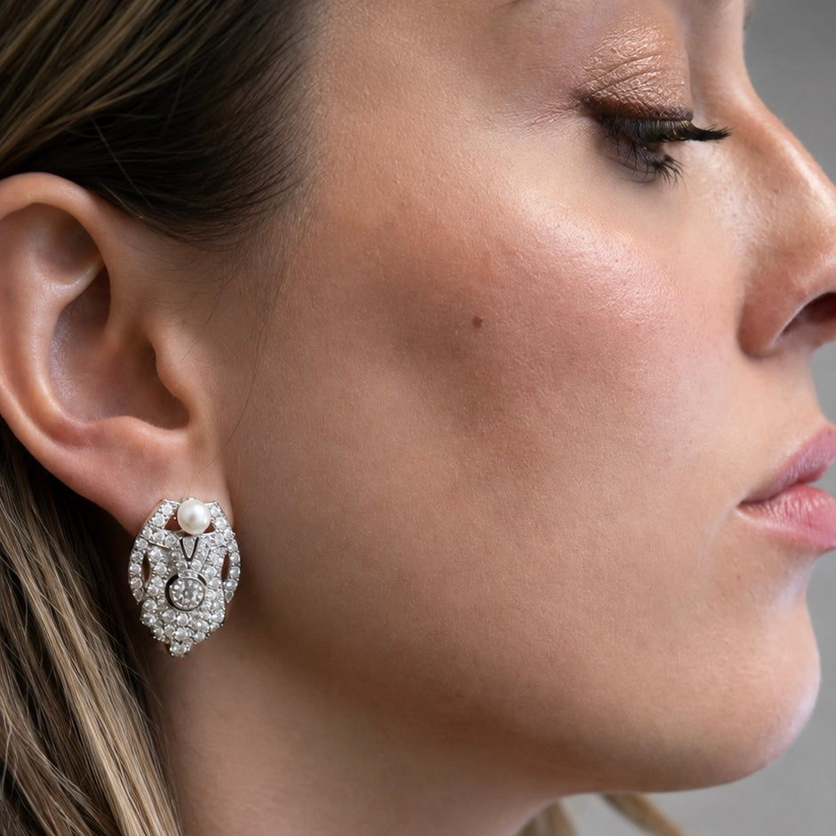 Art Deco Platinum, Diamond & Cultured Pearl Earrings